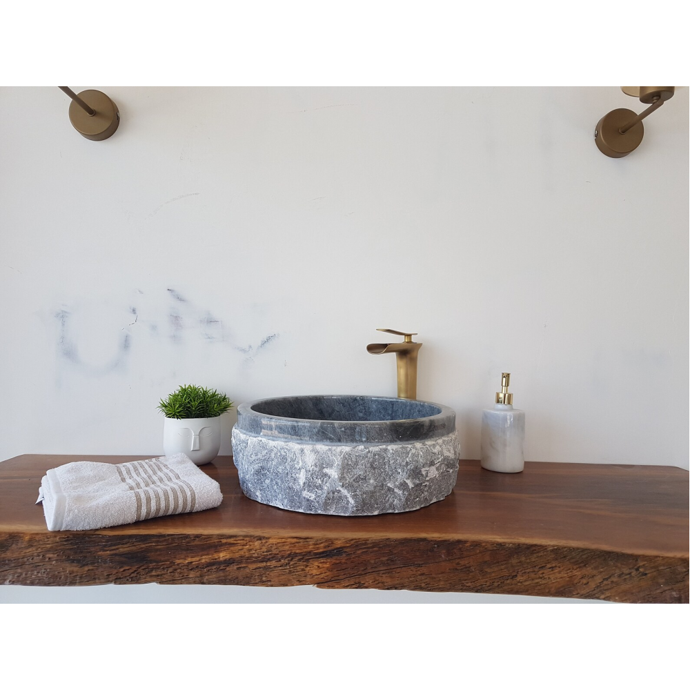 Gri Doğal Taş Yuvarlak Mermer Tezgah Üstü Lavabo – 42x42