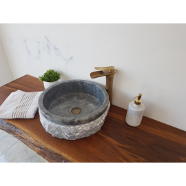 Gri Doğal Taş Yuvarlak Mermer Tezgah Üstü Lavabo – 42x42