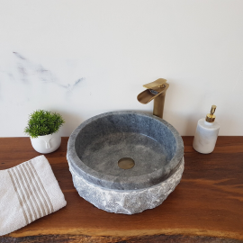 Gri Doğal Taş Yuvarlak Mermer Tezgah Üstü Lavabo – 42x42