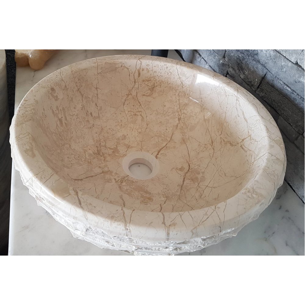 Bej Doğal Taş El İşçiliği Oval Çanak Lavabo – 42x42 Bej Doğal Taş El İşçiliği Oval Çanak Lavabo – 42x42
