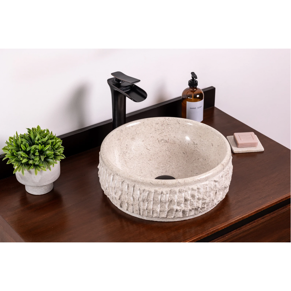 Açık Gri Doğal Taş El İşçiliği Kabartma Dokulu Çanak Lavabo – 42x42