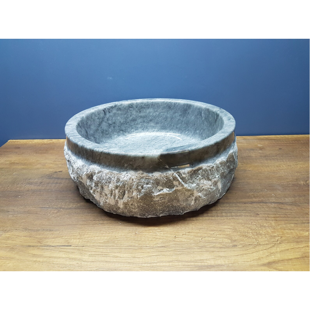 Gri Doğal Taş Yuvarlak Mermer Tezgah Üstü Lavabo – 42x42