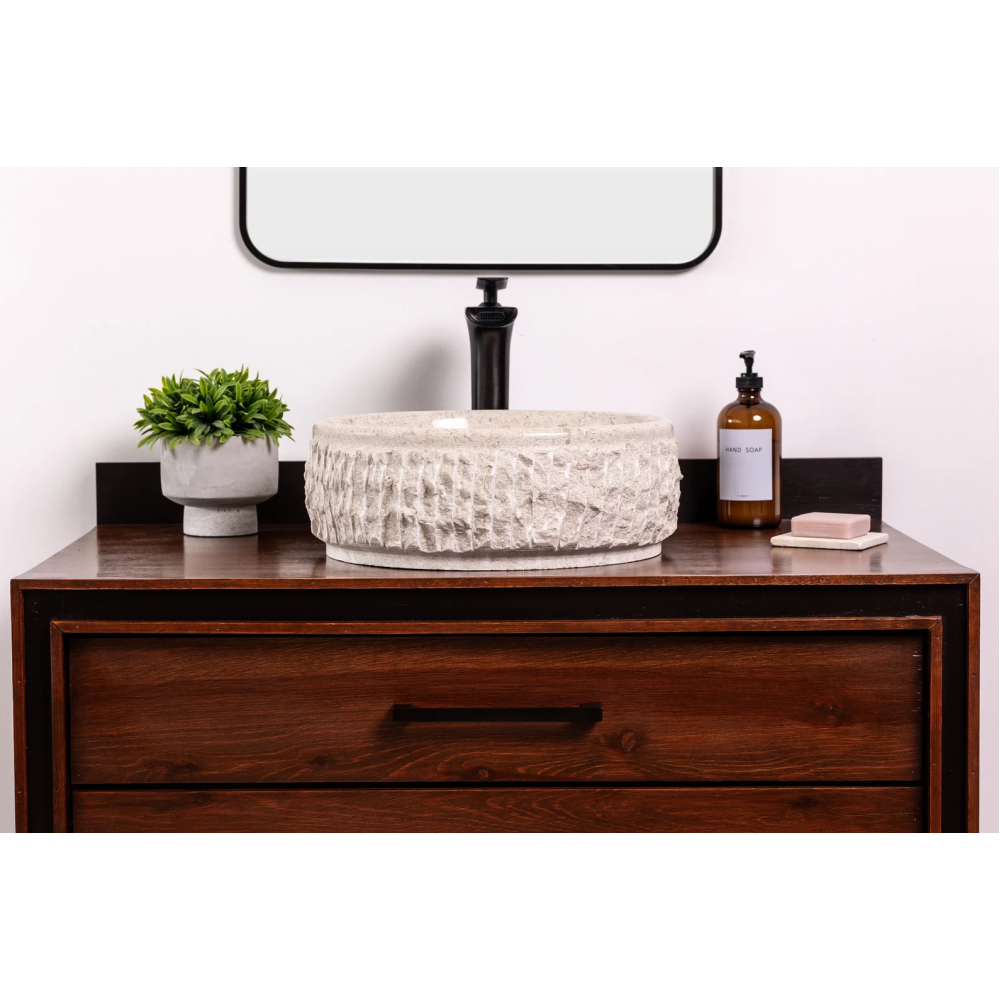 Açık Gri Doğal Taş El İşçiliği Kabartma Dokulu Çanak Lavabo – 42x42