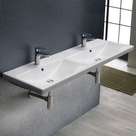 ModeraDuo Etajerli Duvara Monte & Mobilya Uyumlu Çift Armatür Delikli Seramik Lavabo 120x45 cm Beyaz