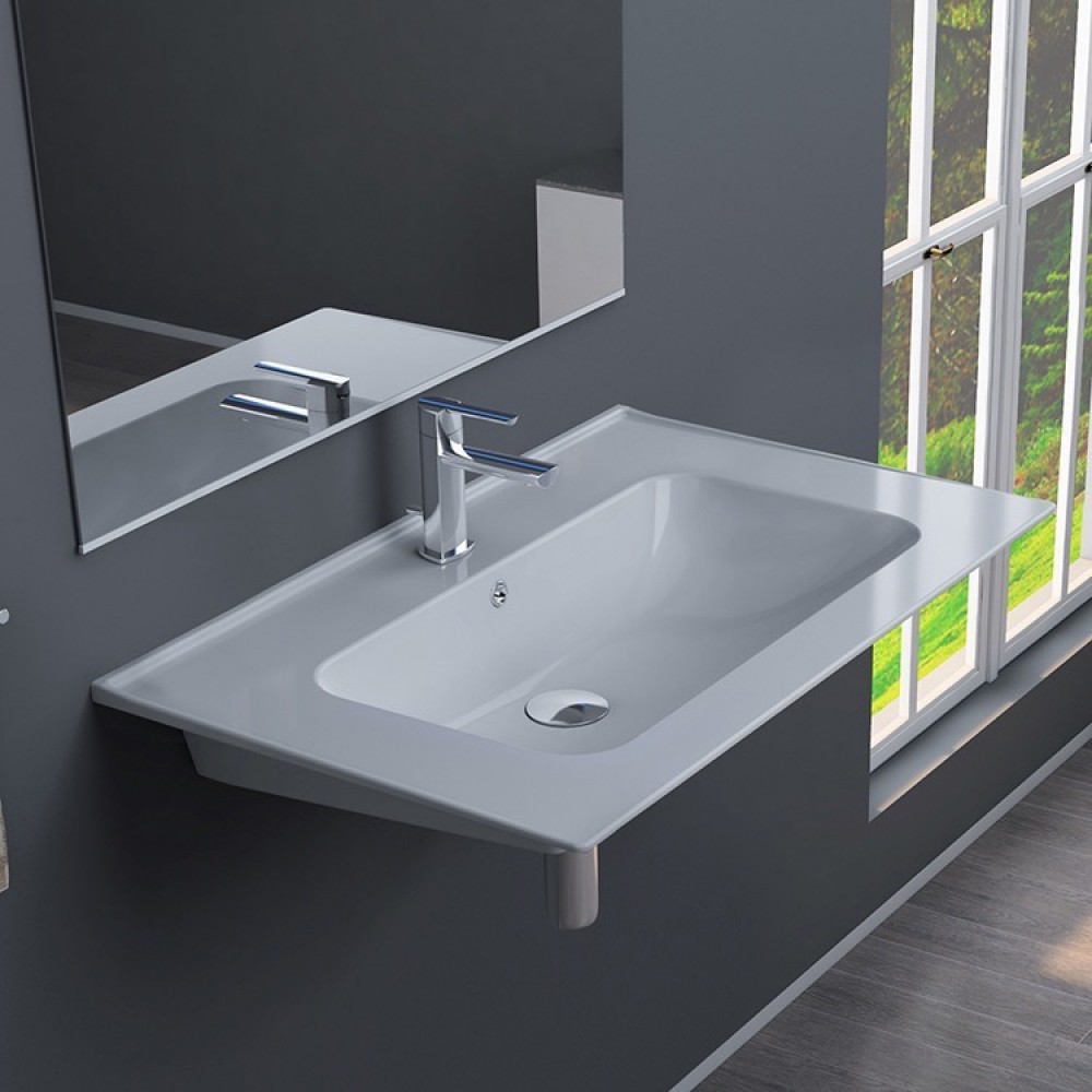 ModeraPrime Etajerli Duvara Monte & Mobilya Uyumlu Armatür Delikli Seramik Lavabo – 60x47 cm, Beyaz