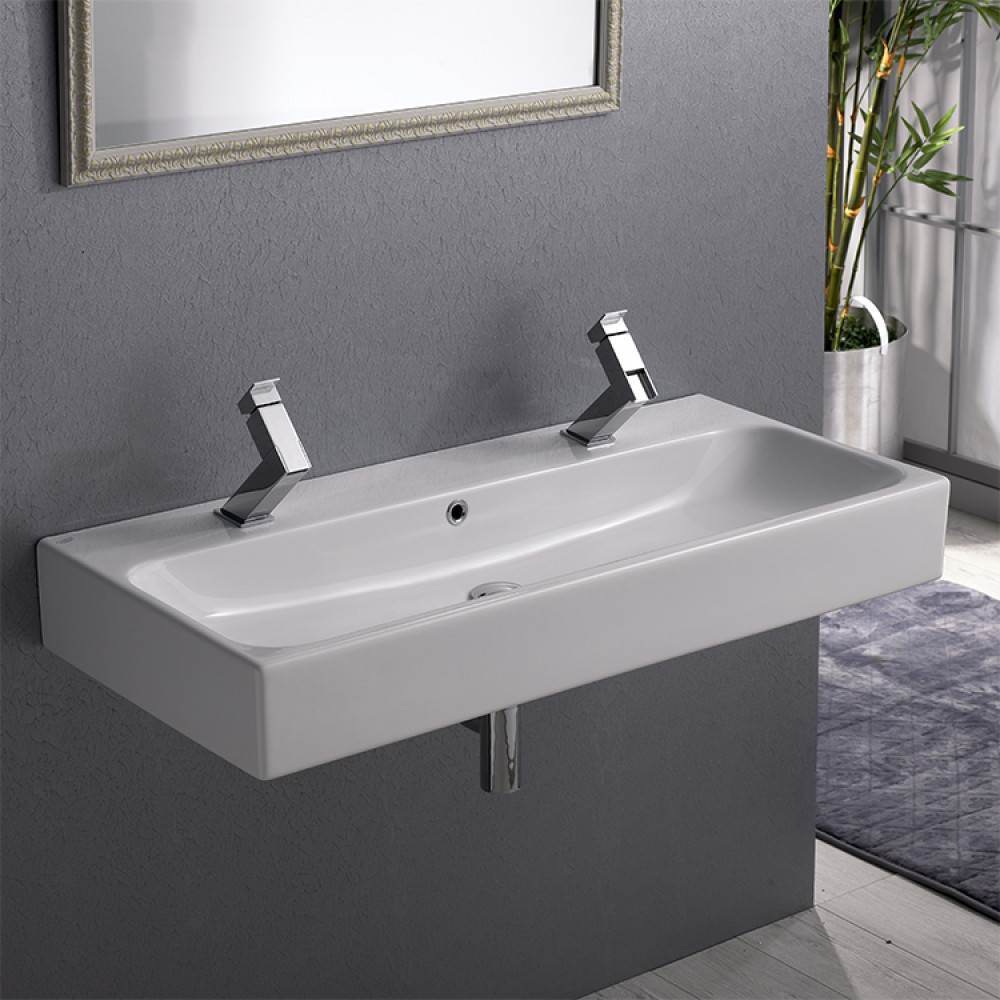 ModeraDuo Etajerli Duvara Monte & Tezgah Üstü Çift Armatür Delikli Çift Hazneli Lavabo 100x47 cm