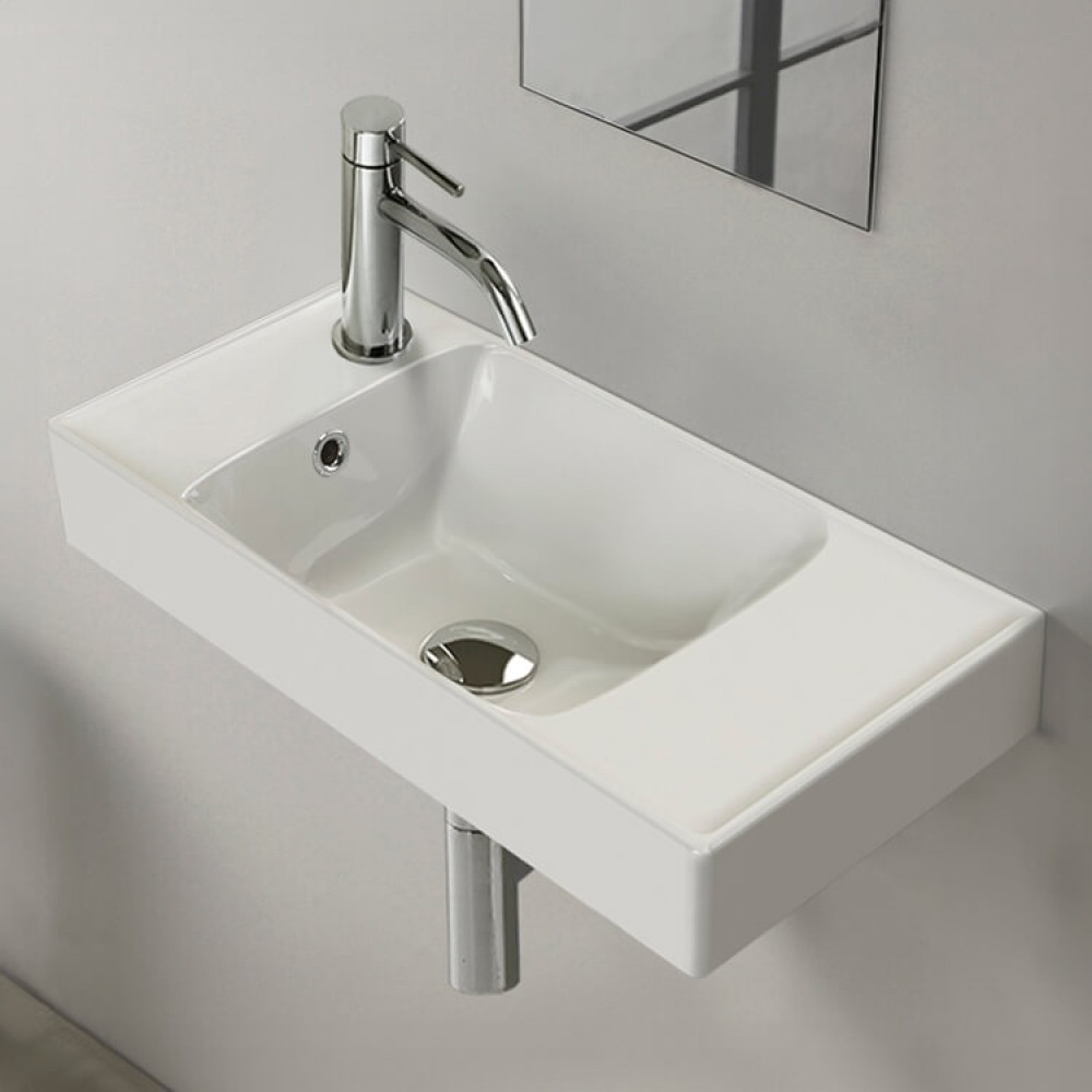 ModeraLeft Etajerli Duvara Monte & Mobilya Uyumlu Seramik Lavabo – 60x30 cm, Beyaz