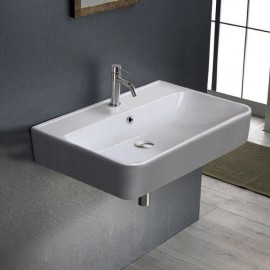 ModeraFlex Armatür Delikli Duvara Monte & Tezgah Üstü Seramik Lavabo – 60x42 cm, Beyaz