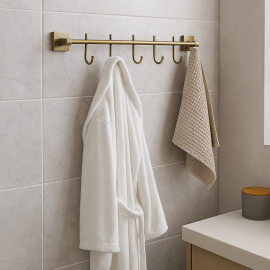 AntiqueFive Beşli Bornoz Askılığı – Antik Eskitme, Duvara Monte Pirinç Tasarım