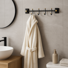 LuxQuad Dörtlü Bornoz Askılığı – Mat Siyah & Gold Altın, Duvara Monte Pirinç Tasarım