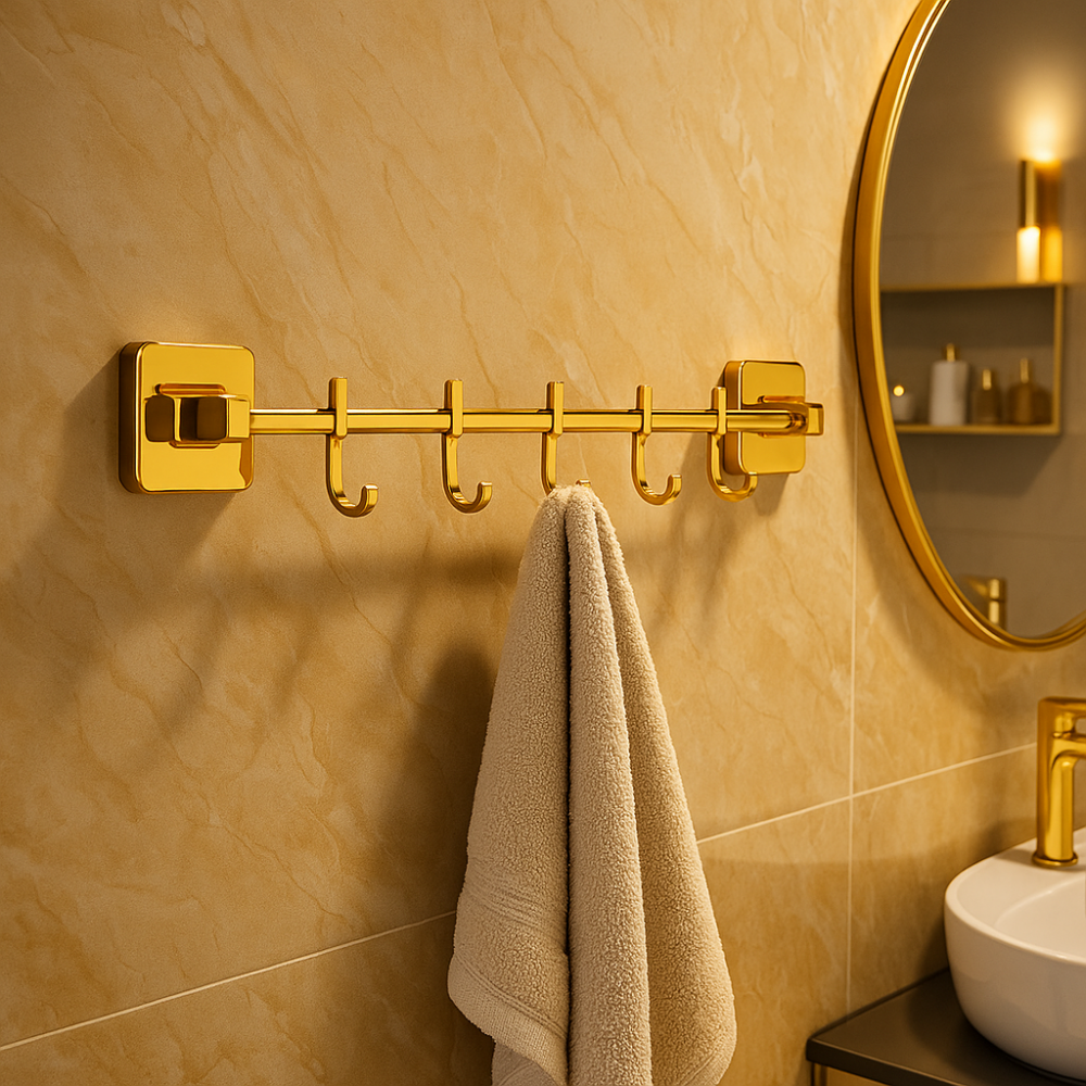 GoldFive Beşli Bornoz Askılığı – Gold Altın, Duvara Monte Pirinç Tasarım