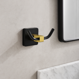 LuxeTwin İkili Bornoz Askılığı – Mat Siyah & Gold Altın, Duvara Monte Pirinç Tasarım