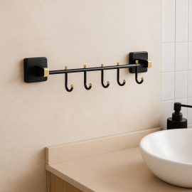 BlackGoldFive Beşli Bornoz Askılığı – Mat Siyah & Gold Altın, Duvara Monte Pirinç Tasarım