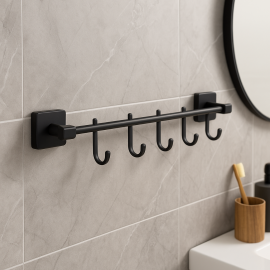 NoirFive Beşli Bornoz Askılığı – Mat Siyah, Duvara Monte Pirinç Tasarım
