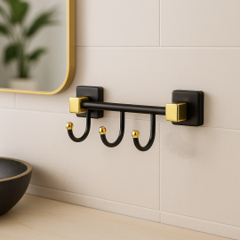 NoirGold Üçlü Bornoz Askılığı – Mat Siyah & Gold Altın, Pirinç