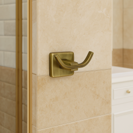 RetroTwin İkili Bornoz Askılığı – Antik Eskitme, Duvara Monte Pirinç Tasarım