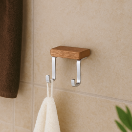 WoodTwin Ahşap & Metal Duvar Tipi İkili Havlu Askılığı – Modern Banyo Askı Çözümü