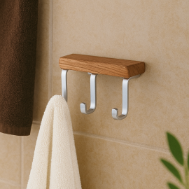 WoodTriple Ahşap & Metal Duvar Tipi Üçlü Havlu Askılığı – Şık ve Fonksiyonel Banyo Askısı