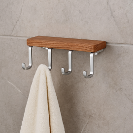 WoodQuad Ahşap & Metal Dörtlü Havlu Askılığı – Duvara Monte, Şık Banyo Askı Çözümü