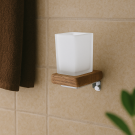 WoodGlass Ahşap Duvar Tipi Cam Diş Fırçalık – Kare Mat Cam Hazneli, Şık Banyo Aksesuarı