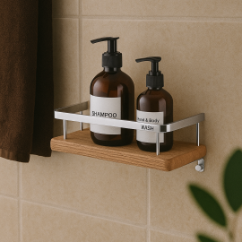 WoodShelf Ahşap Duvar Tipi Banyo Etajer – Metal Korkuluklu Sabunluk Raf