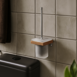 WoodBrush Ahşap Çerçeveli Cam Klozet Fırçası – Duvara Monte, Kare Tasarım Banyo Aksesuarı