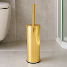 GoldLux Altın Renk Klozet Fırçası – Parlak Metal Gövde, Kapaklı Tasarım