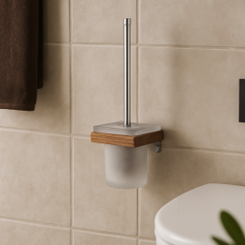 WoodBrush Ahşap Çerçeveli Cam Klozet Fırçası – Duvara Monte, Kare Tasarım Banyo Aksesuarı