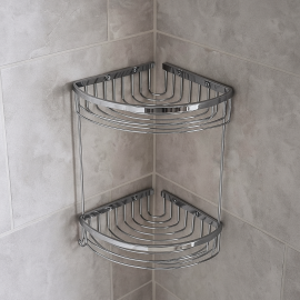 ChromeLine Parlak Krom Köşe Süngerlik – 2 Katlı, Askılı Banyo Rafı