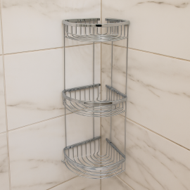 ChromeLine Parlak Krom Köşe Süngerlik – 3 Katlı, Şampuan & Sabun Rafı