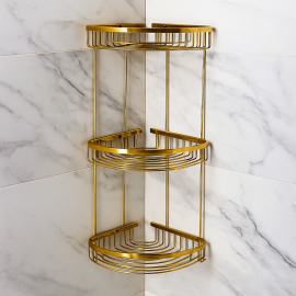 GoldLine Altın Gold Köşe Süngerlik – 3 Katlı, Çok Gözlü Banyo Rafı