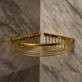 GoldLine Altın Renk Köşe Süngerlik – Tek Katlı, Lüks Banyo Rafı