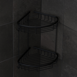 BlackLine Mat Siyah Köşe Süngerlik – 2 Katlı, Askılı Şampuan ve Lif Rafı