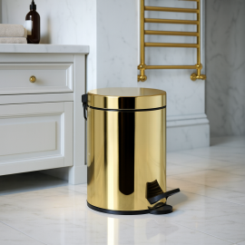 GoldLux 5 Litre Altın Renk Pedallı Çöp Kovası – Parlak Metal Gövde