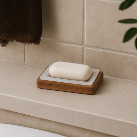 WoodSoap Ahşap Dış Çerçeveli Cam Katı Sabunluk – Kare Formda Doğal Banyo Aksesuarı