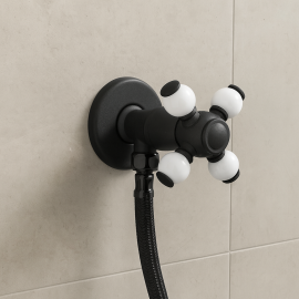 Mat Siyah Porselen Kollu Pirinç Taharet Musluğu ve 3/8-3/8 Fleks Hortum Seti