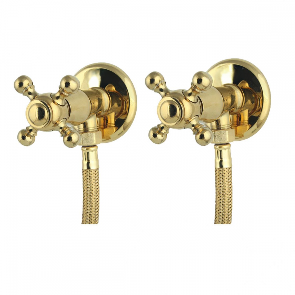 Altın Gold Pirinç Çapraz Kollu Taharet Musluğu ve 3/8-3/8 Fleks Hortum Seti – Çiftli Paket Altın Gold Pirinç Çapraz Kollu Taharet Musluğu ve 3/8-3/8 Fleks Hortum Seti – Çiftli Paket