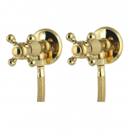 Altın Gold Pirinç Çapraz Kollu Taharet Musluğu ve 3/8-3/8 Fleks Hortum Seti – Çiftli Paket Altın Gold Pirinç Çapraz Kollu Taharet Musluğu ve 3/8-3/8 Fleks Hortum Seti – Çiftli Paket