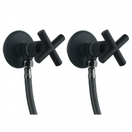 Mat Siyah Pirinç X Kollu Taharet Musluğu ve 3/8-3/8 Fleks Hortum Seti – Çiftli Paket