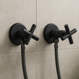 Mat Siyah Pirinç X Kollu Taharet Musluğu ve 3/8-3/8 Fleks Hortum Seti – Çiftli Paket