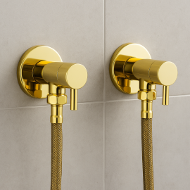 Altın Renk Pirinç Taharet Musluğu ve 3/8-3/8 Fleks Hortum Seti – Çiftli Paket