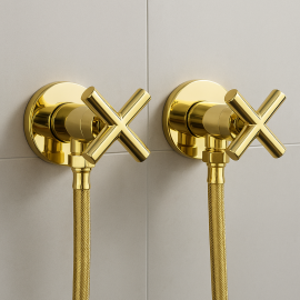 Altın Gold Pirinç X Kollu Taharet Musluğu ve 3/8-3/8 Fleks Hortum Çiftli Set