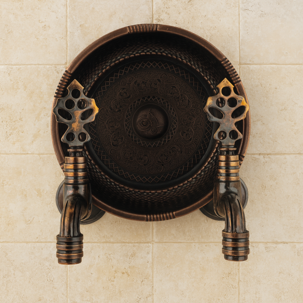 Koyu Bakır Eskitme Hamam Tası ve Çift Osmanlı Musluk Seti – Pirinç Hamam Musluğu Takımı