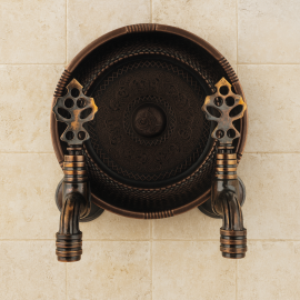 Koyu Bakır Eskitme Hamam Tası ve Çift Osmanlı Musluk Seti – Pirinç Hamam Musluğu Takımı