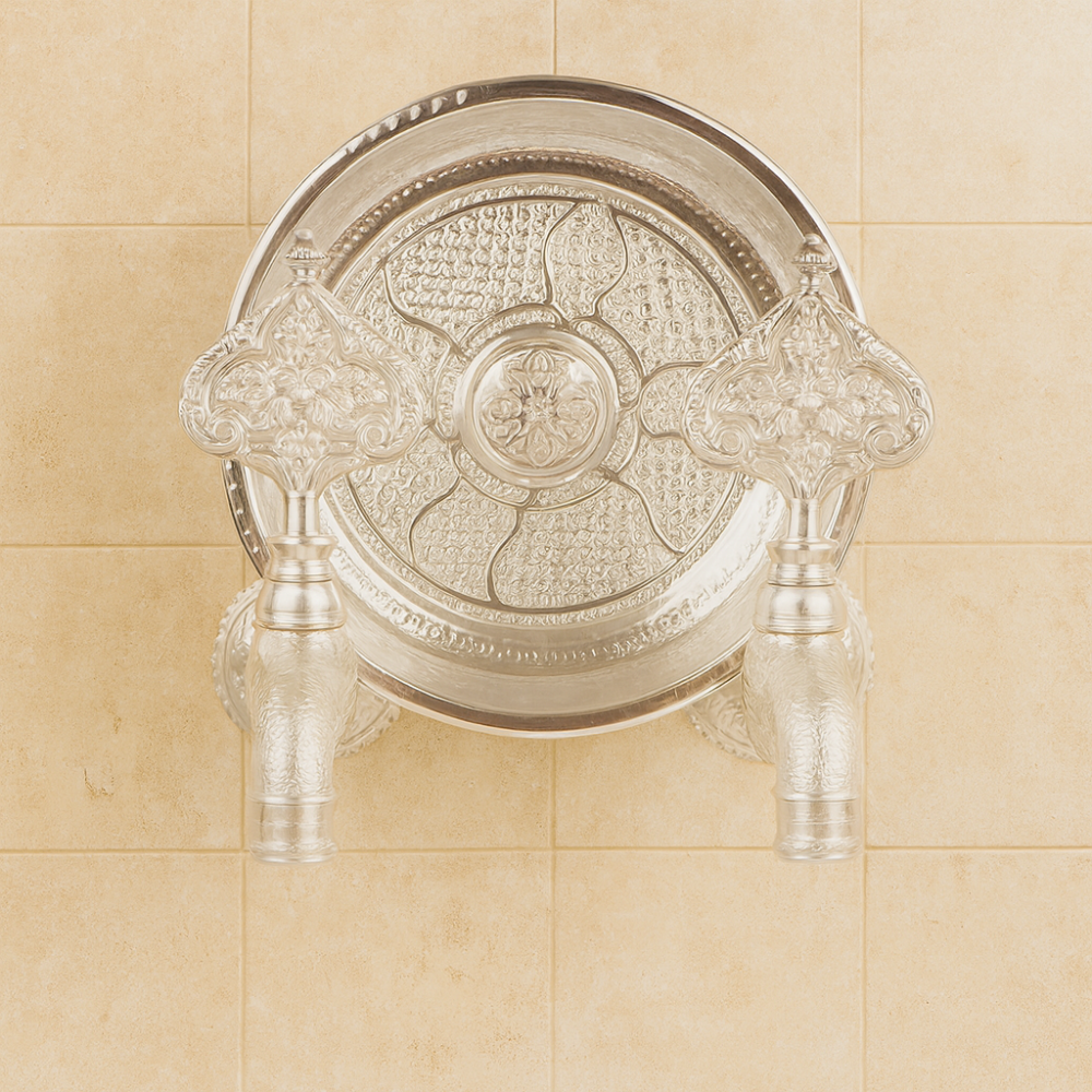 Krom Desenli Hamam Tası ve Çift Osmanlı Musluk Seti – Pirinç Hamam Musluğu Takımı