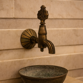Eskitme Tuğralı Osmanlı Hamam Musluğu – Antik Pirinç Duvar Tipi