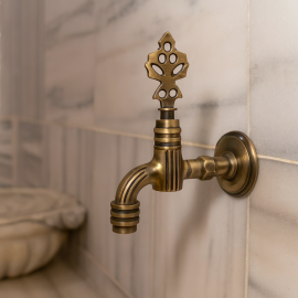 Eskitme Perlatörlü Osmanlı Hamam Musluğu – Antik Pirinç Duvar Tipi