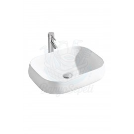 PrimoSquare Tezgah Üstü Armatür Deliksiz Seramik Lavabo – 56x42 cm, Beyaz