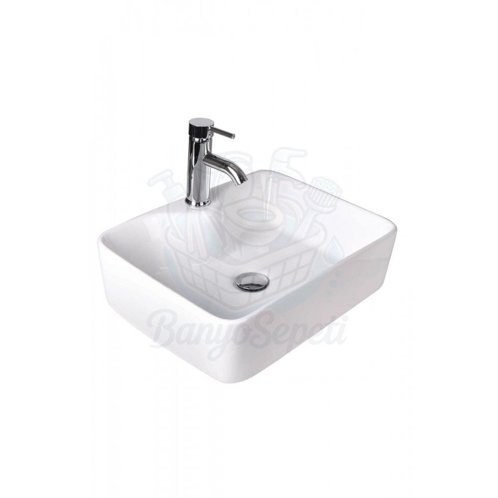 TerraSquare Tezgah Üstü Armatür Delikli Seramik Lavabo – 48x37 cm, Beyaz