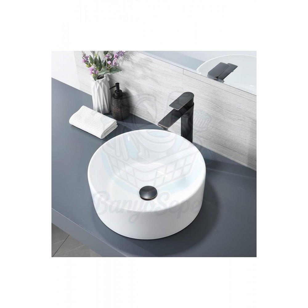AuraRound Tezgah Üstü Armatür Deliksiz Seramik Lavabo – 40 cm, Beyaz